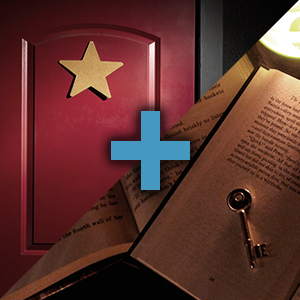 Graphic of The Vanishing Act red door and The Storykeeper book with a plus sign